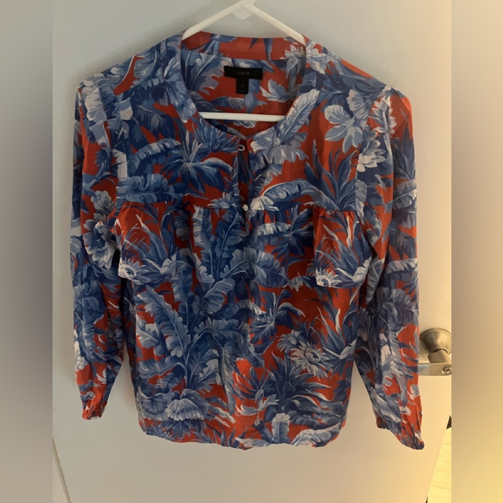 J. Crew Blue and Orange Ruffled Blouse with Mandarin Collar
